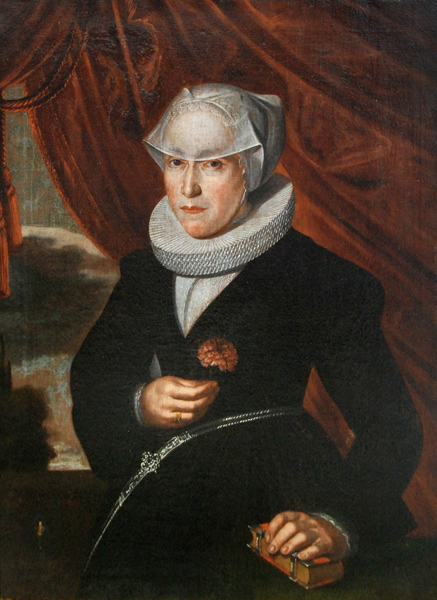 Дамски портрет с рюш, воалетка, червен карамфил и книга